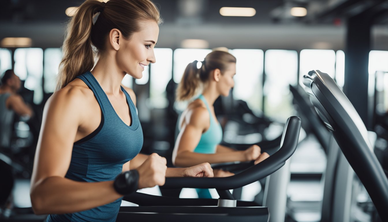 A person using a treadmill, elliptical, and stationary bike in a gym to maximize fat burning during their workout