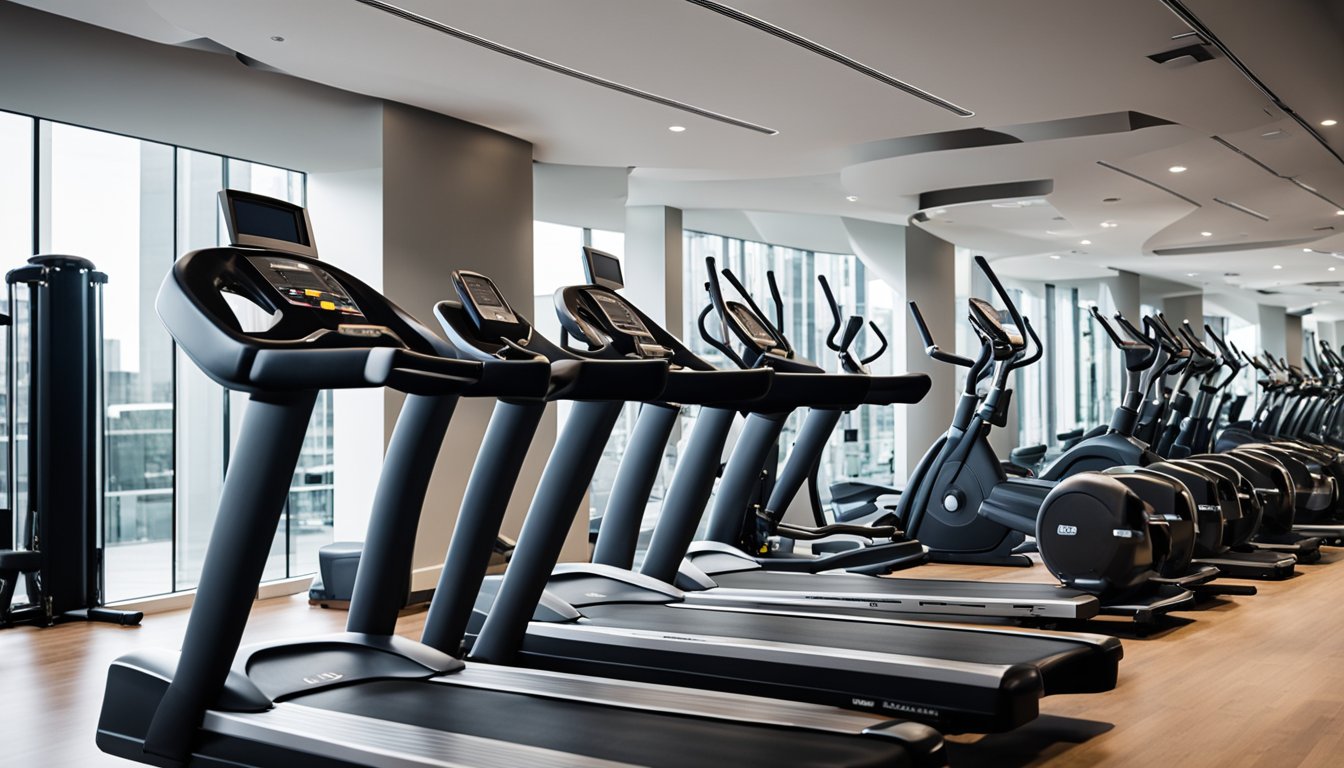 A gym with various fitness equipment arranged neatly, including treadmills, stationary bikes, and free weights. Brightly lit and spacious