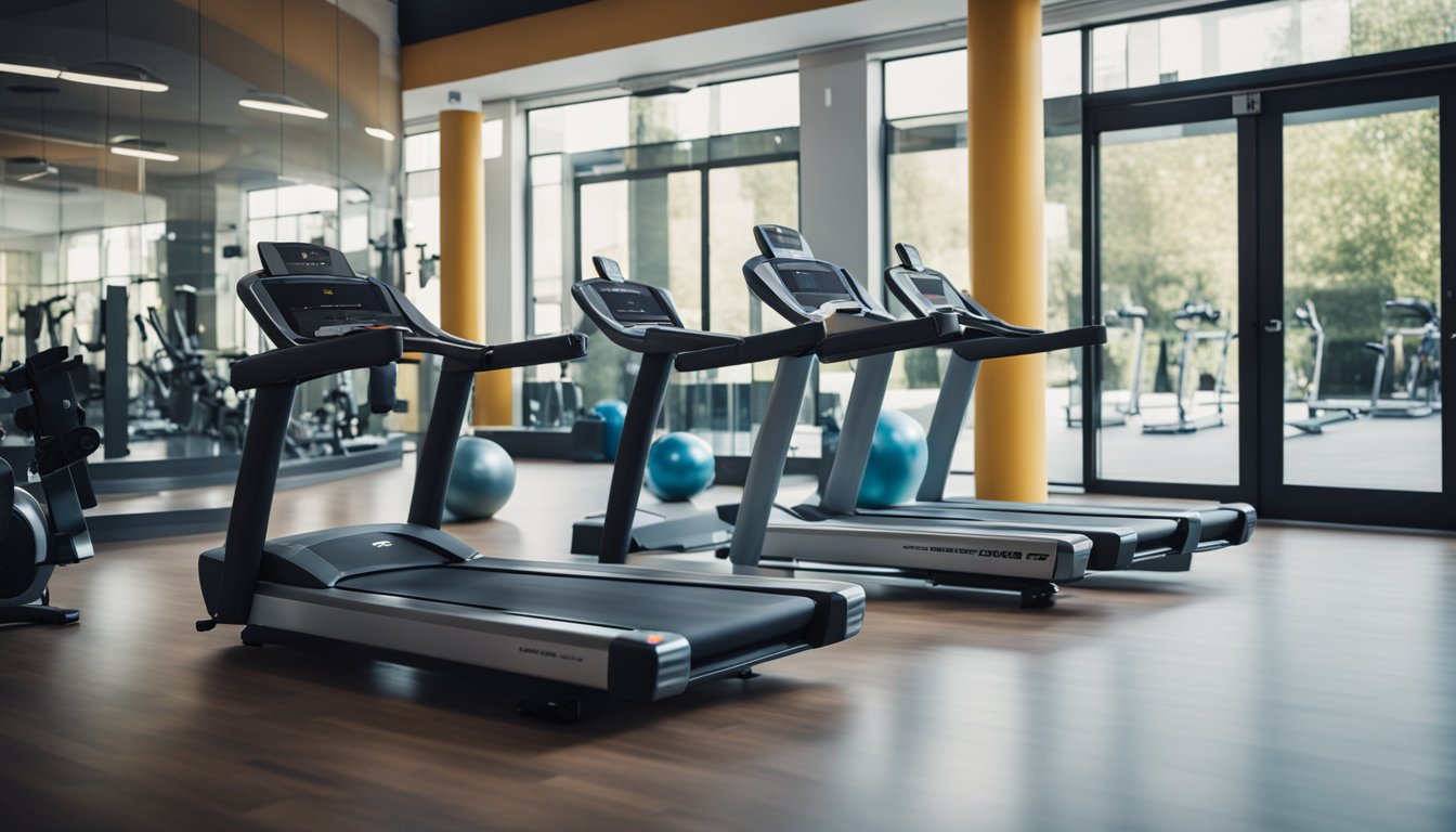 A treadmill, stationary bike, and rowing machine are positioned in a bright, spacious gym. The machines are surrounded by motivational posters and colorful fitness equipment