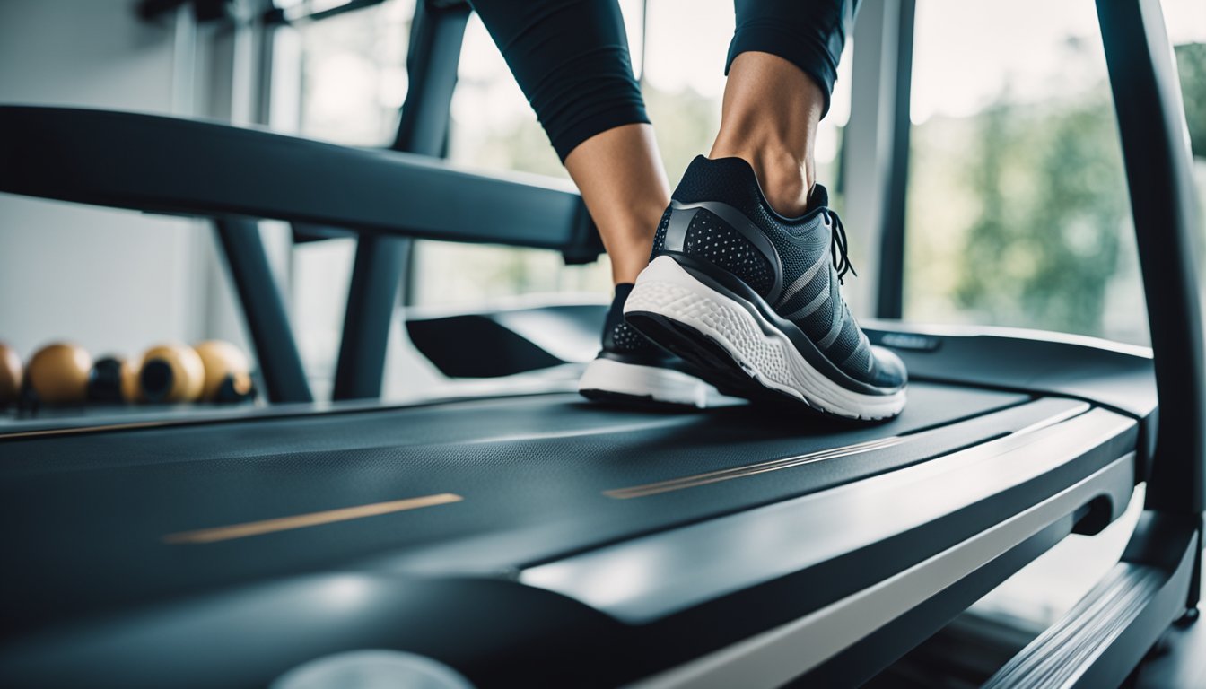 A person using a treadmill, elliptical, and stationary bike in a gym, with a scale and measuring tape nearby