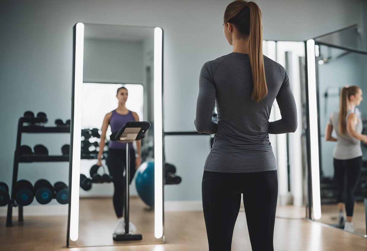 A person standing in front of a mirror, wearing workout clothes and looking determined. A scale sits nearby, showing a lower weight