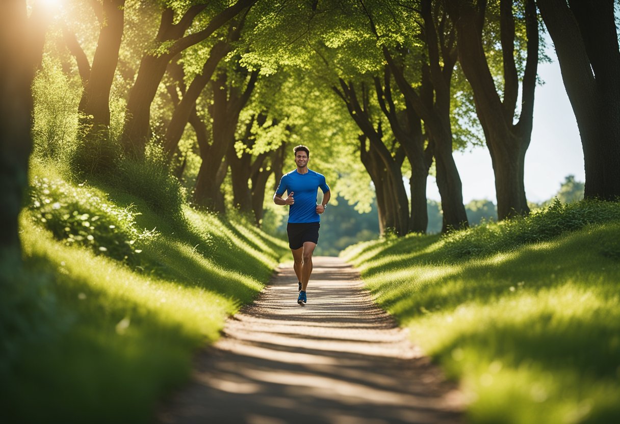A person jogging along a scenic path, surrounded by lush greenery and clear blue skies. The sunlight filters through the trees, casting dappled shadows on the ground