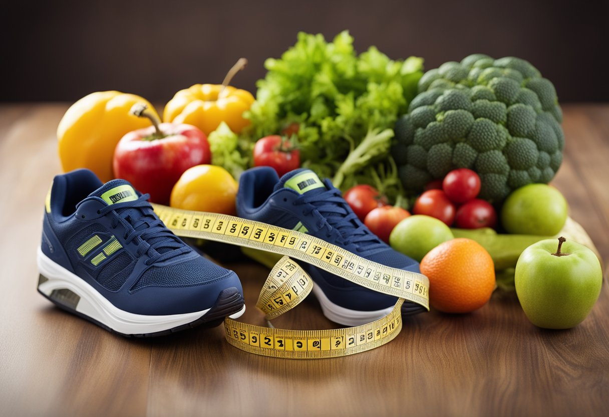 Am Bauch abnehmen: Massband, Obst und Gemüse, Sportschuhe