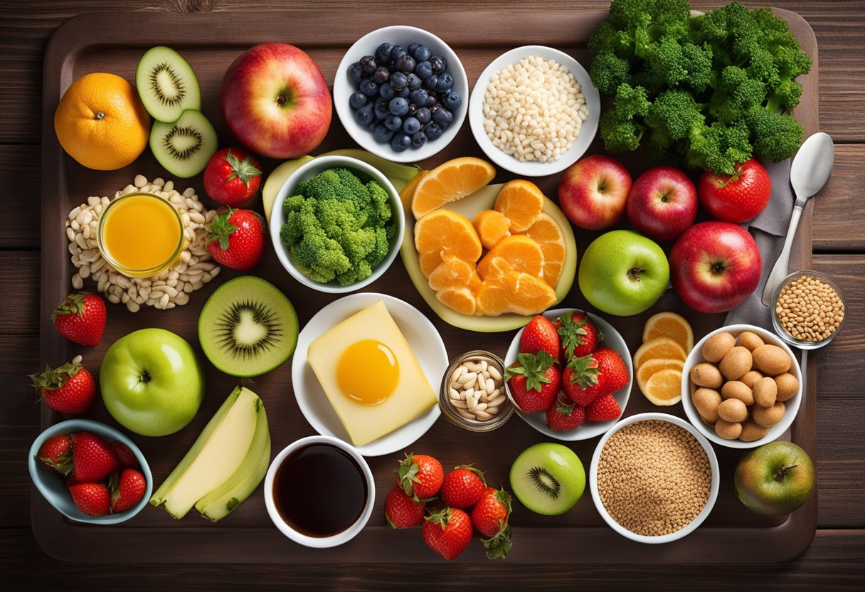 A plate of healthy foods, such as fruits, vegetables, and lean proteins, arranged on a table with a measuring tape wrapped around the plate, symbolizing the concept of nutrition and diet for abdominal weight loss