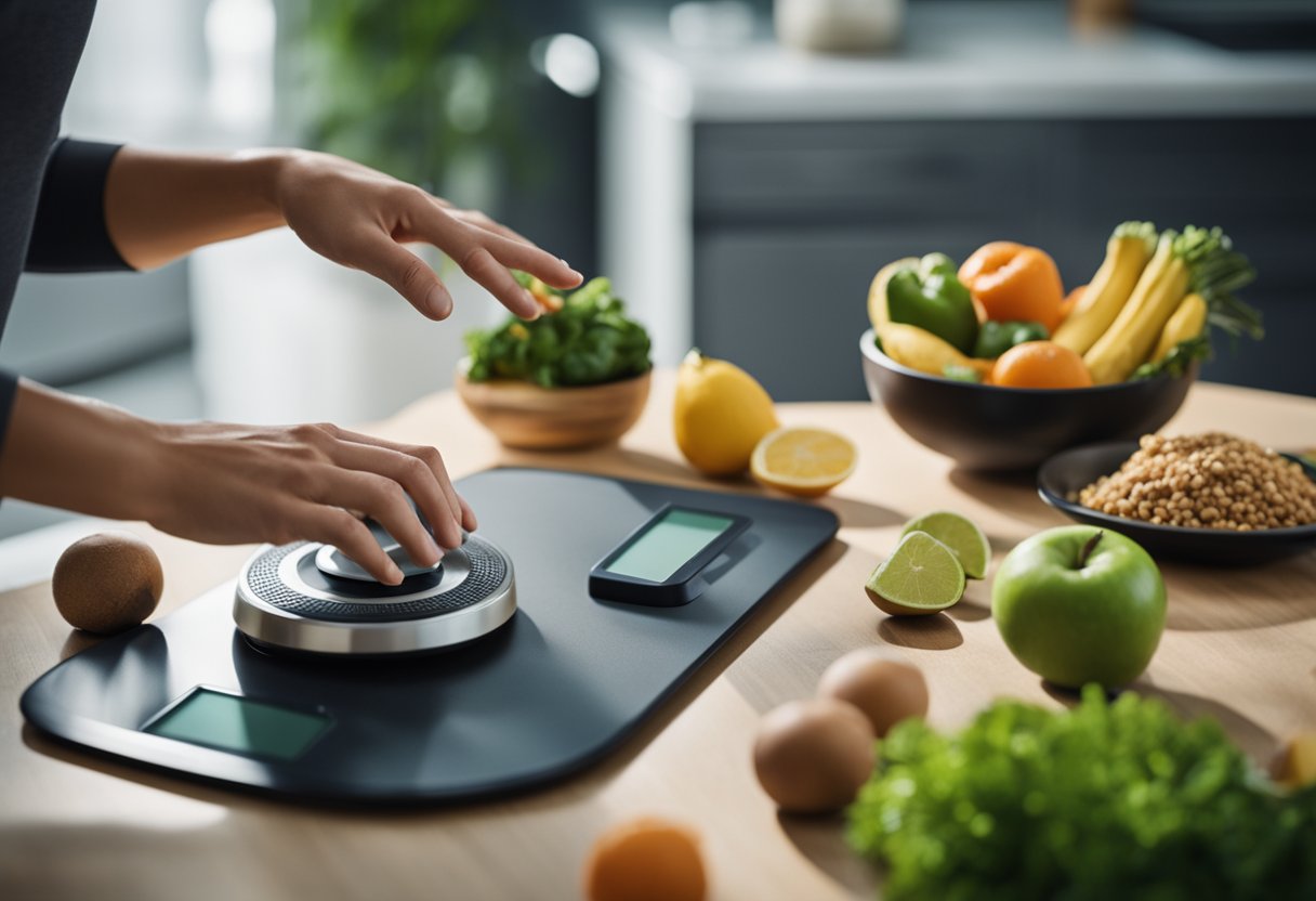 A person exercising with determination, surrounded by healthy food and a scale, questioning if weight loss is only possible through sports