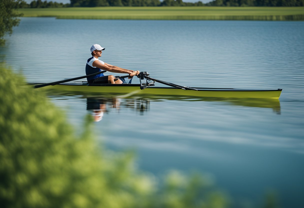 A person rowing on a calm lake, surrounded by lush greenery and a clear blue sky. The focus is on the movement and effort of the rowing, conveying the idea of weight loss through this exercise