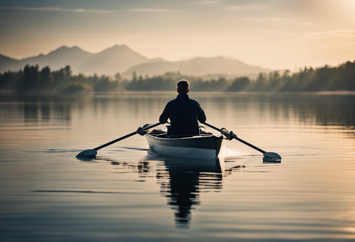 Abnehmen durch Rudern: Mann in einem Ruderboot auf einem See