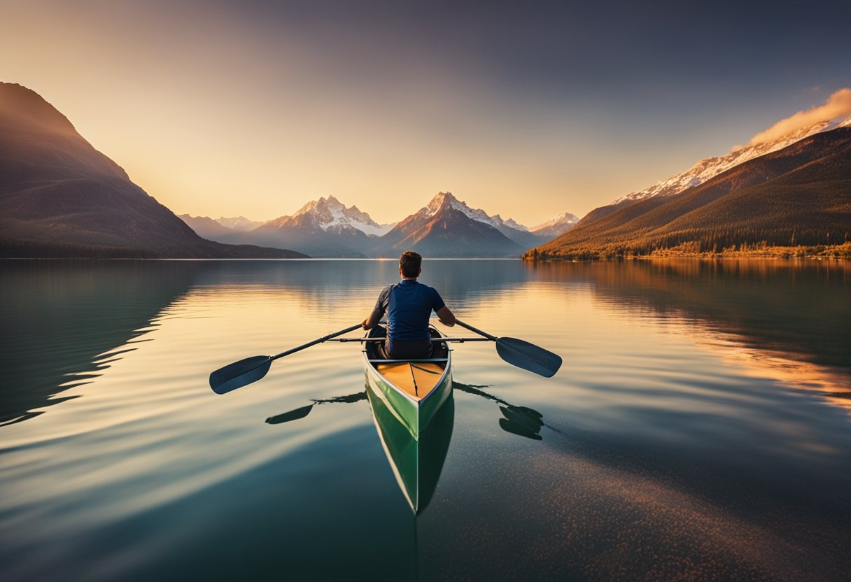 A person rowing on a serene lake, surrounded by mountains and a colorful sunset, showing determination and long-term commitment to weight loss through rowing