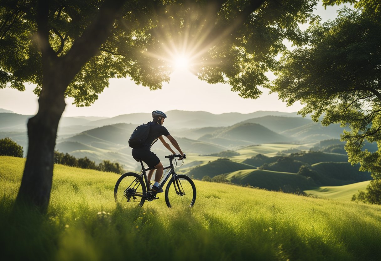 A person riding a bicycle through a scenic outdoor landscape with rolling hills and lush greenery. The sun is shining and the sky is clear, creating a peaceful and invigorating atmosphere