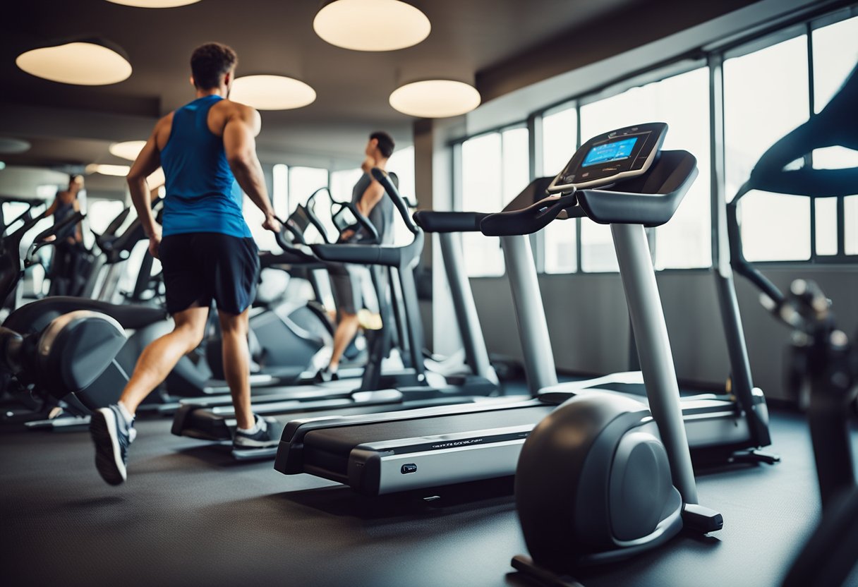 A crosstrainer surrounded by various cardio equipment in a gym setting, with energetic individuals working out, depicting the 9 best cardio sports for weight loss