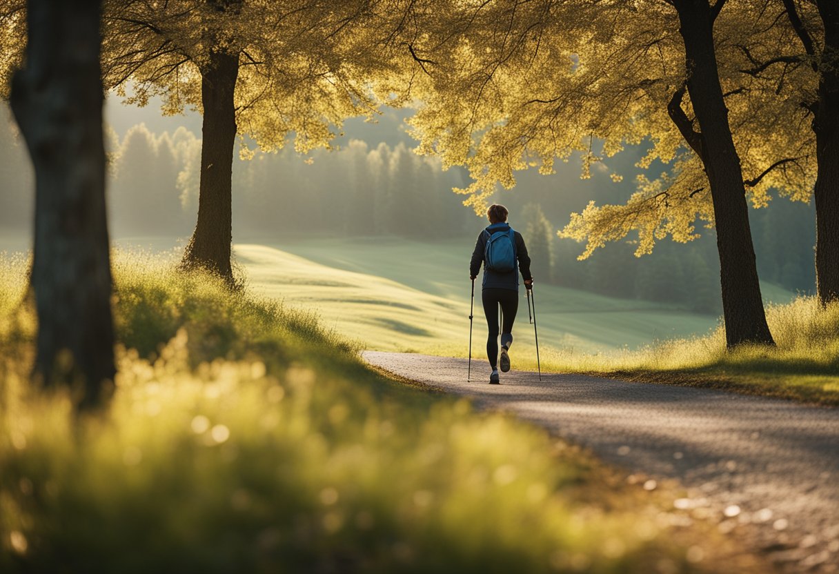 A person is Nordic walking in a scenic outdoor setting, with trees, hills, and a clear path. The person is wearing appropriate athletic clothing and using Nordic walking poles