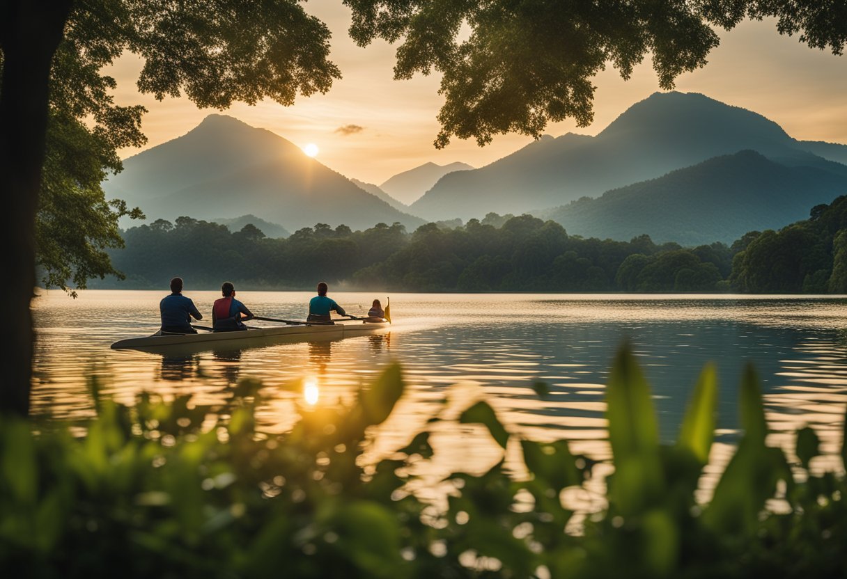 A group of people rowing on a tranquil lake, surrounded by lush greenery and distant mountains, with the sun setting in the background