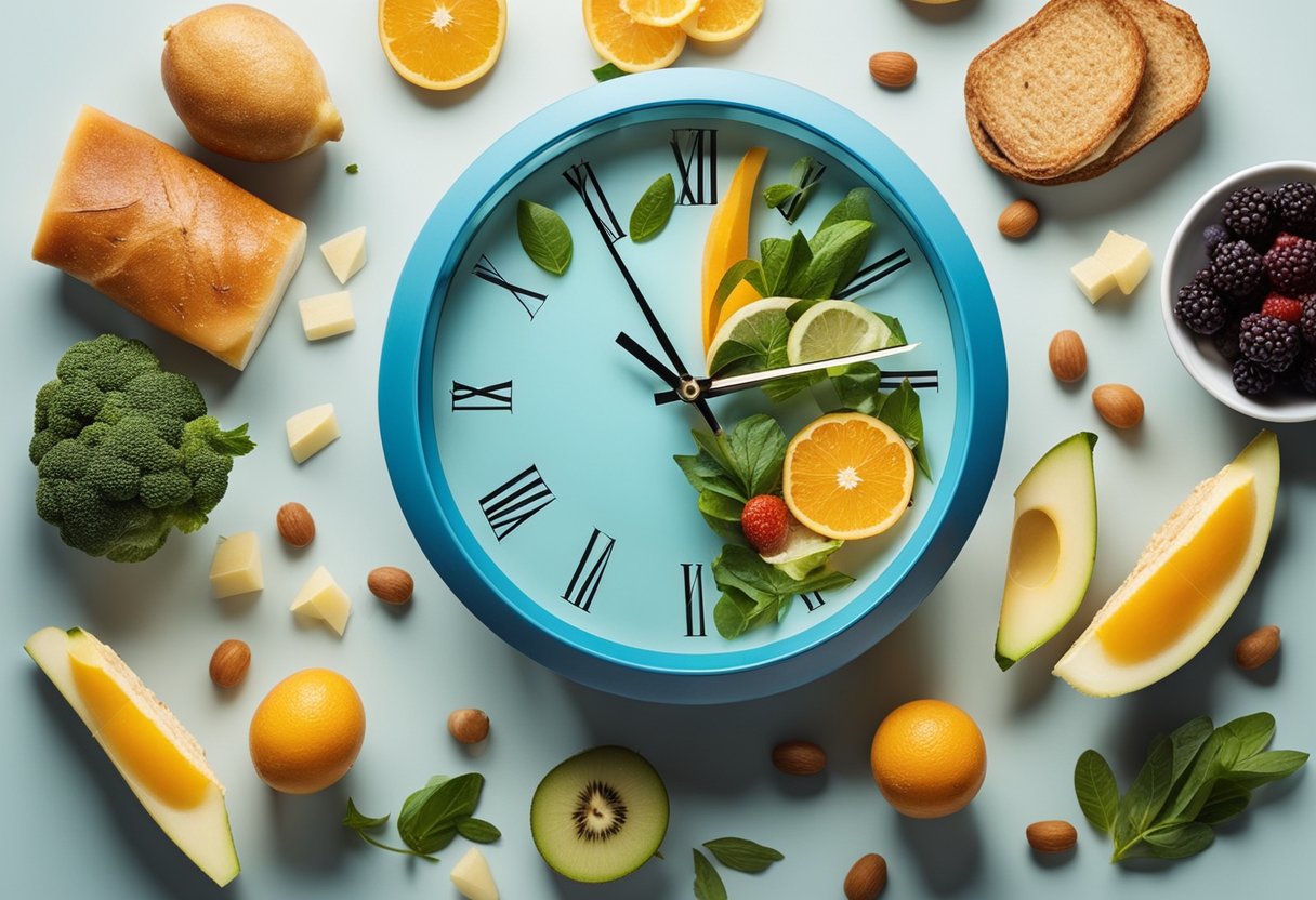 A clock showing intervals of fasting and eating, surrounded by healthy foods and water. Avoid human subjects