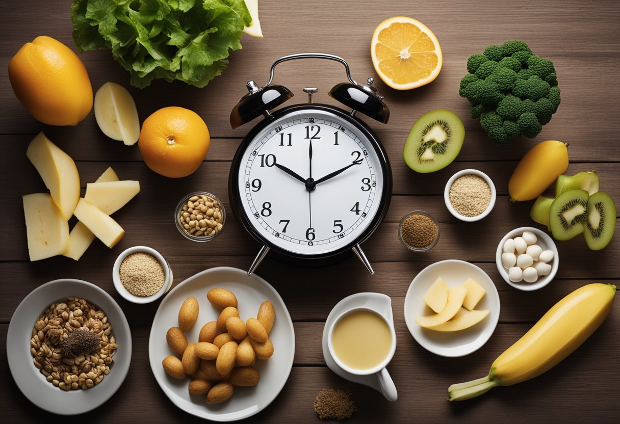 A table with a variety of healthy foods, a clock showing different fasting intervals, and a list of common mistakes in German text